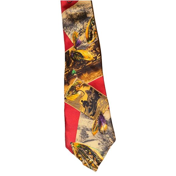 Eddie Bauer Men's Silk Neck Tie Fly Fishing Lure Red Tie - Picture 1 of 3